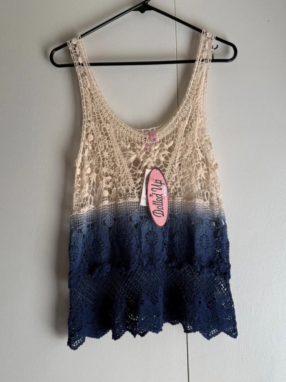 Dolled Up by FANG NEW Crochet Lace Blue and Ivory Top Juniors Large